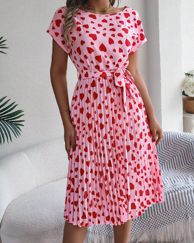 Heart Print Pleated Short Sleeve Dress