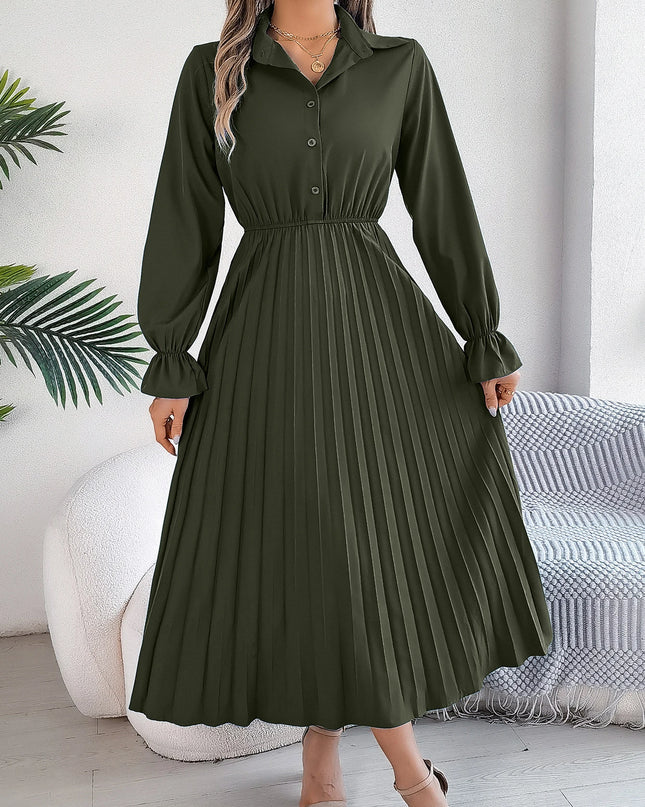 Solid Color Polo Neck Flare Dress