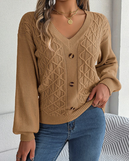 V Neck Buttons Twist Knit Sweater
