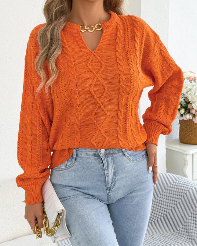 Metal Chain V Neck Twist Sweater