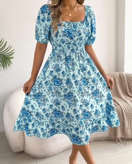 Ruffled Short Sleeve Floral Midi Dress