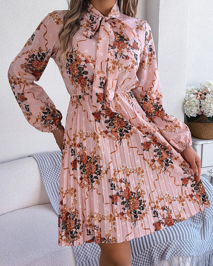 Flower Print Lace Up Bow Pleated Dress