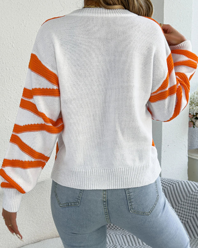 Contrast Striped Lantern-Sleeve Knit Sweater