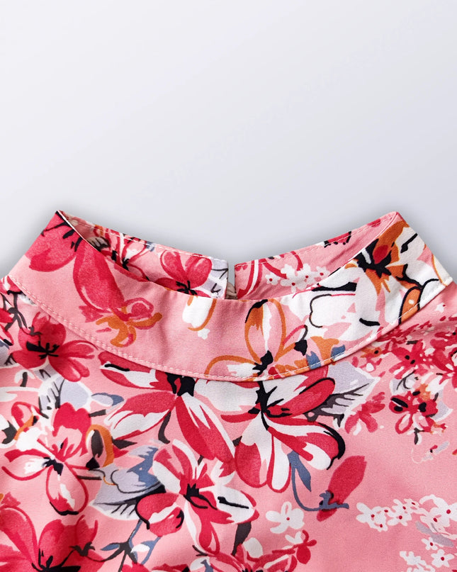 Flower Print Standing Neck Ruffle Edge Dress