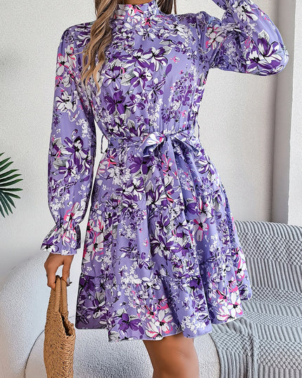 Flower Print Standing Neck Ruffle Edge Dress