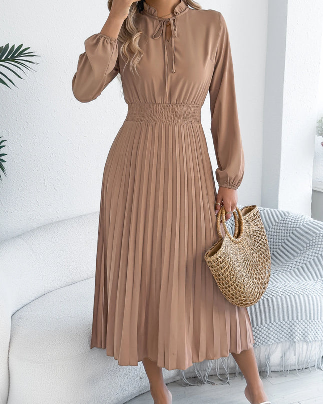 V Neck Lace Up Pleated Maxi Dress