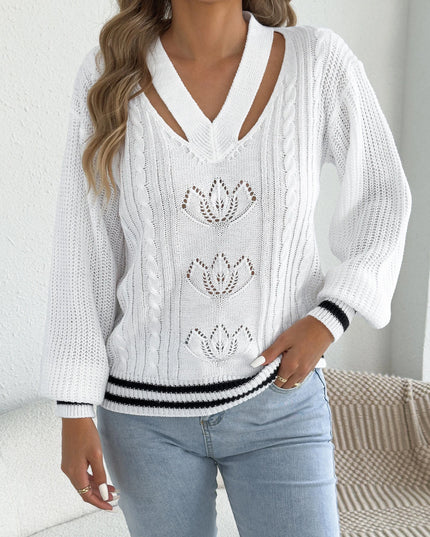 Floral Hollow Out Striped Sweater