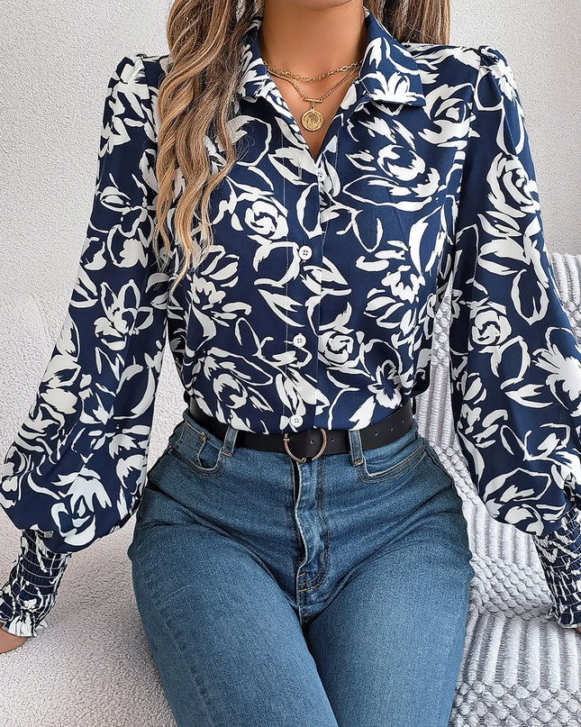 Flower Printed Lantern Sleeve Chiffon Blouse