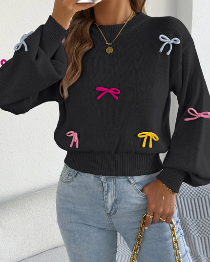 Contrast Bow Lantern-Sleeve Knit Sweater
