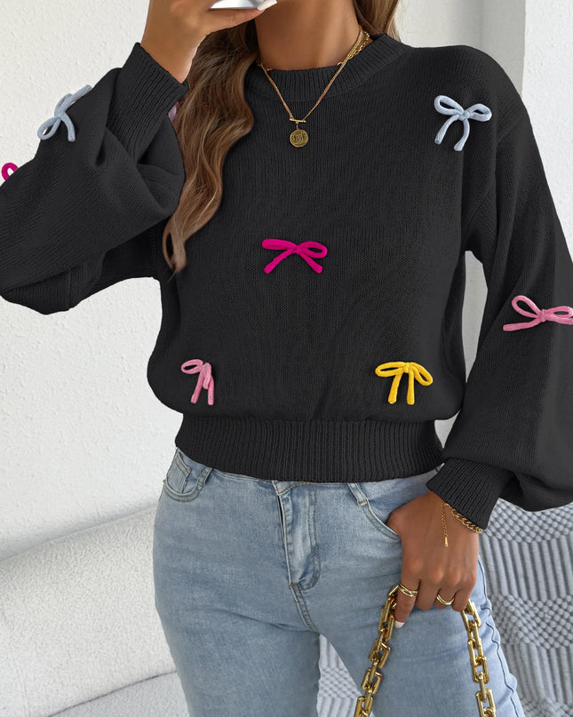 Contrast Bow Lantern-Sleeve Knit Sweater