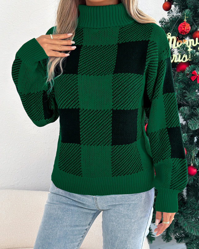 Plaid High Neck Pullover Sweater