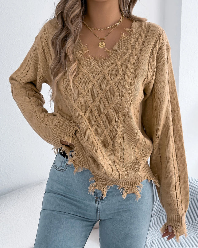 Ripped Tassel Lantern Sleeve Knit Sweater