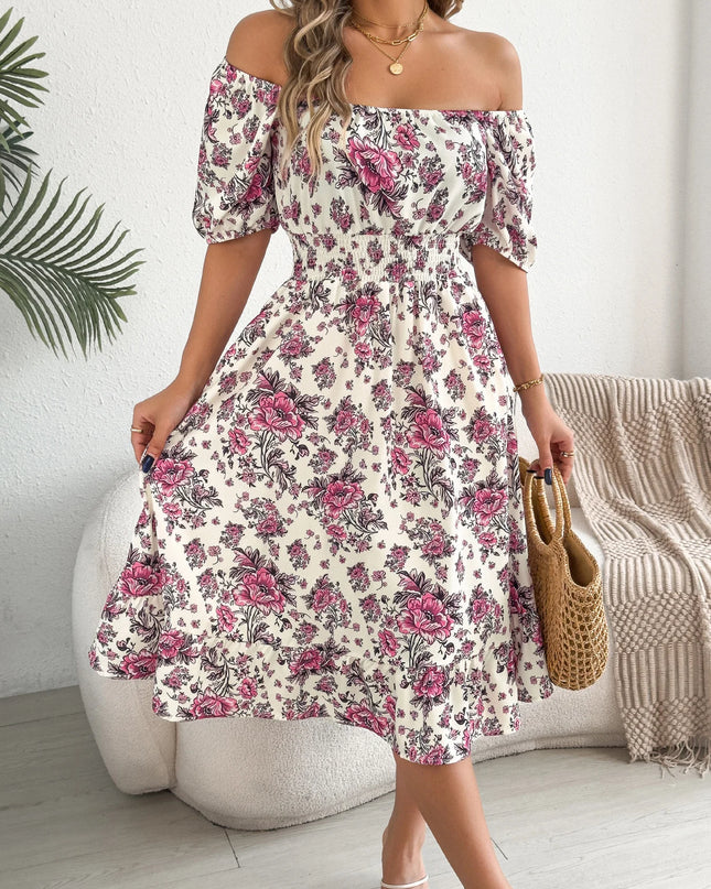 Ruffled Short Sleeve Floral Midi Dress
