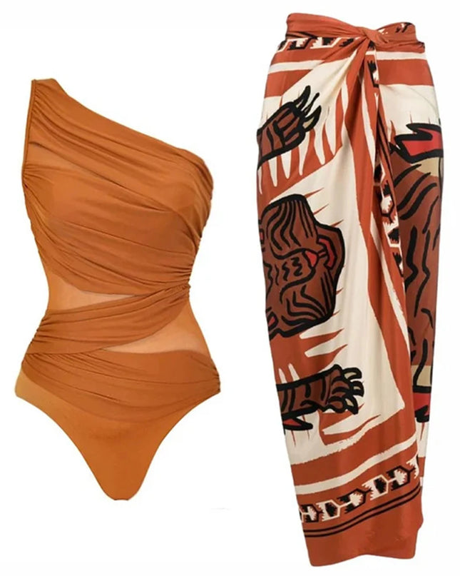 One-Shoulder Mesh Patchwork Swimsuit