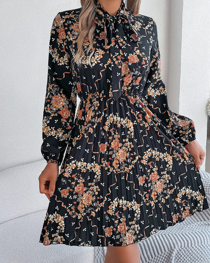 Flower Print Lace Up Bow Pleated Dress