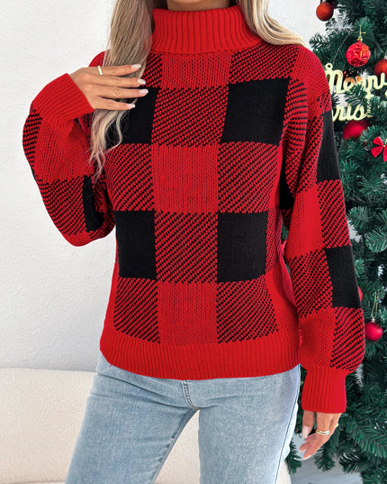 Plaid High Neck Pullover Sweater