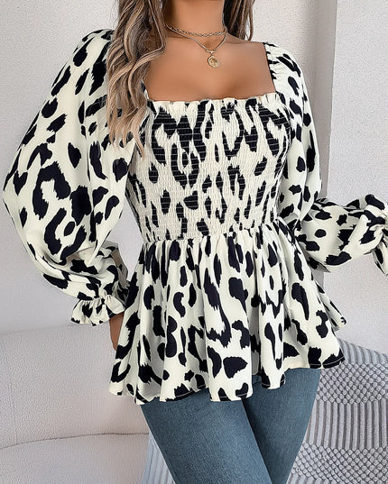 Square Neck Leopard Print Chiffon Blouse