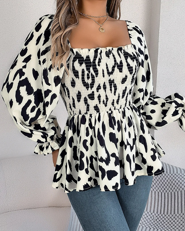 Square Neck Leopard Print Chiffon Blouse