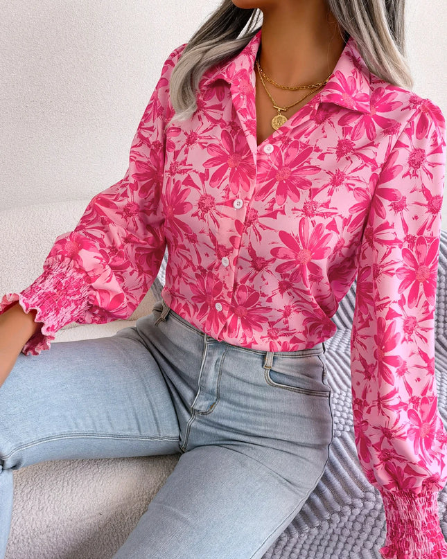 Floral Chiffon Lantern Sleeve Shirt