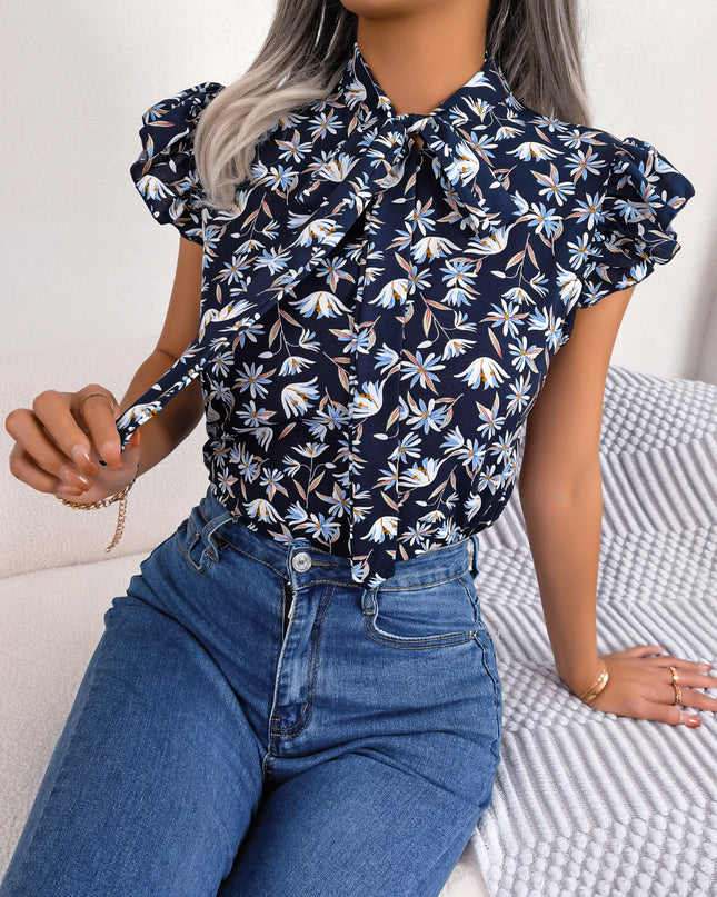 Floral Bow Ruffle Chiffon Blouse