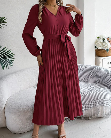 Button V Neck Lace Up Pleated Dress