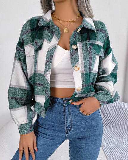 Plaid Woolen Lantern Sleeve Coat