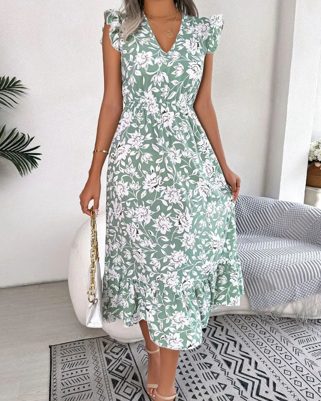 Floral Print V Neck Long Dress