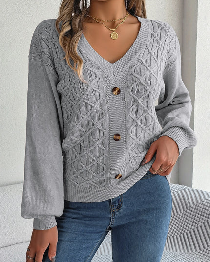 V Neck Buttons Twist Knit Sweater