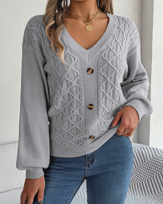 V Neck Buttons Twist Knit Sweater