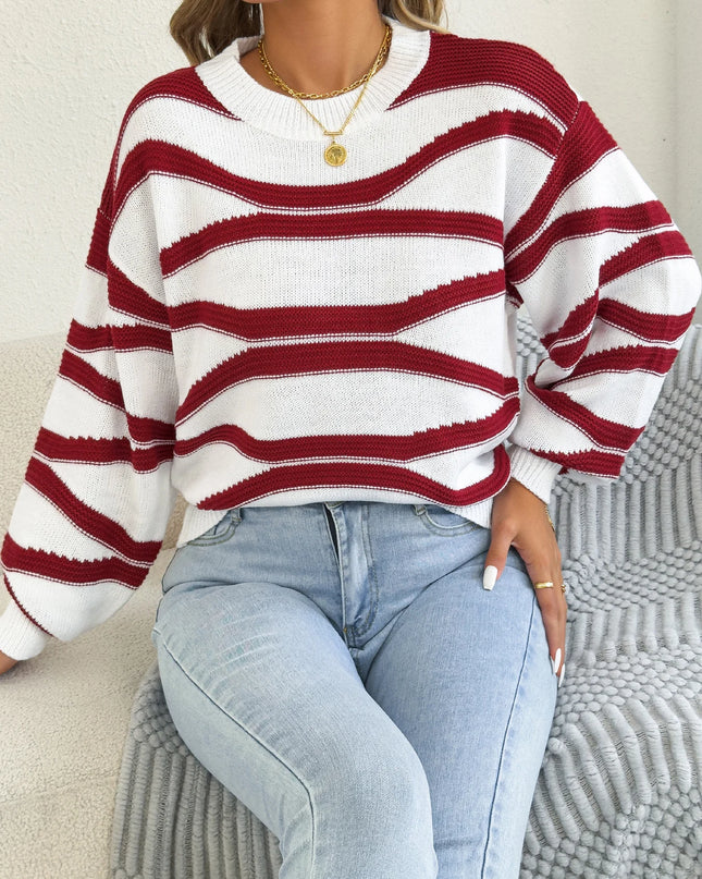 Contrast Striped Lantern-Sleeve Knit Sweater
