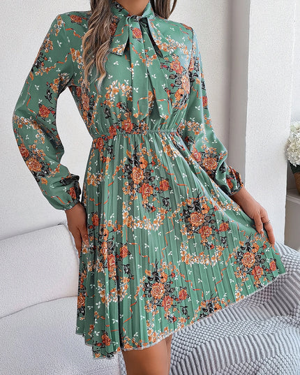 Flower Print Lace Up Bow Pleated Dress