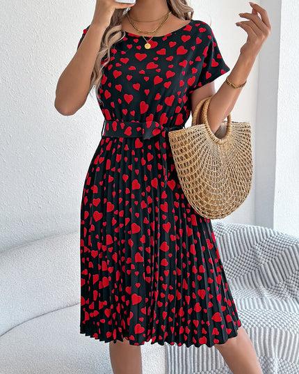 Heart Print Pleated Short Sleeve Dress