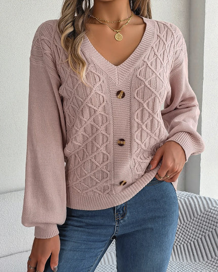 V Neck Buttons Twist Knit Sweater