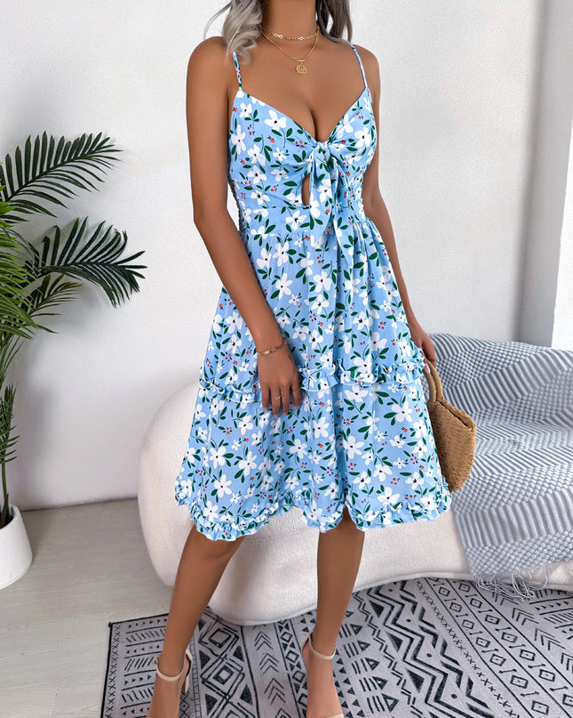 Lace Up Floral Ruffled A Line Dress