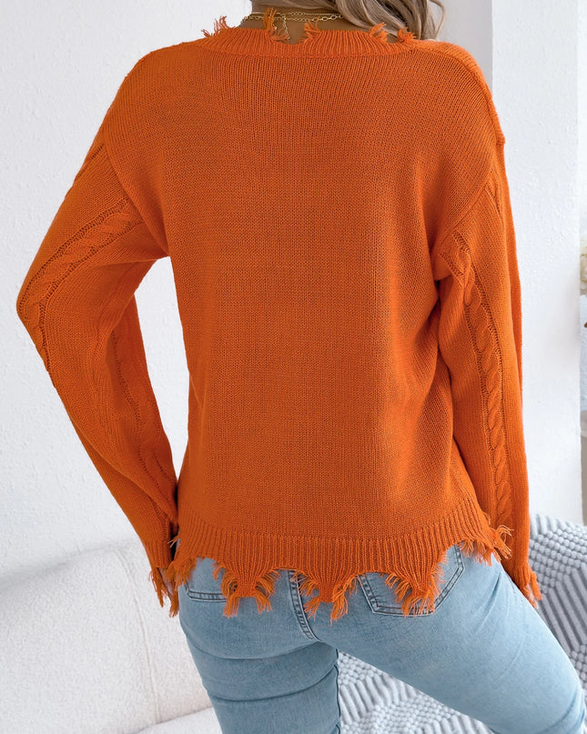Ripped Tassel Lantern Sleeve Knit Sweater