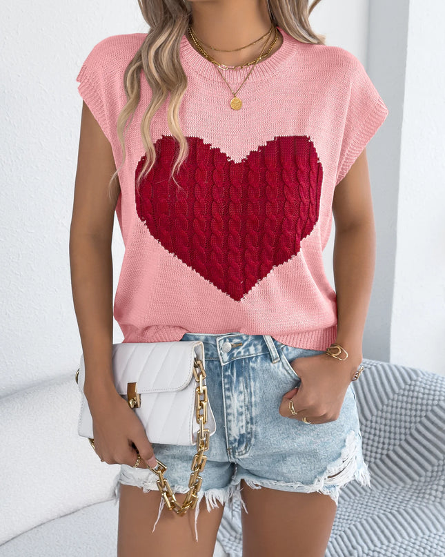 Heart Pattern Short Sleeve Knit Top